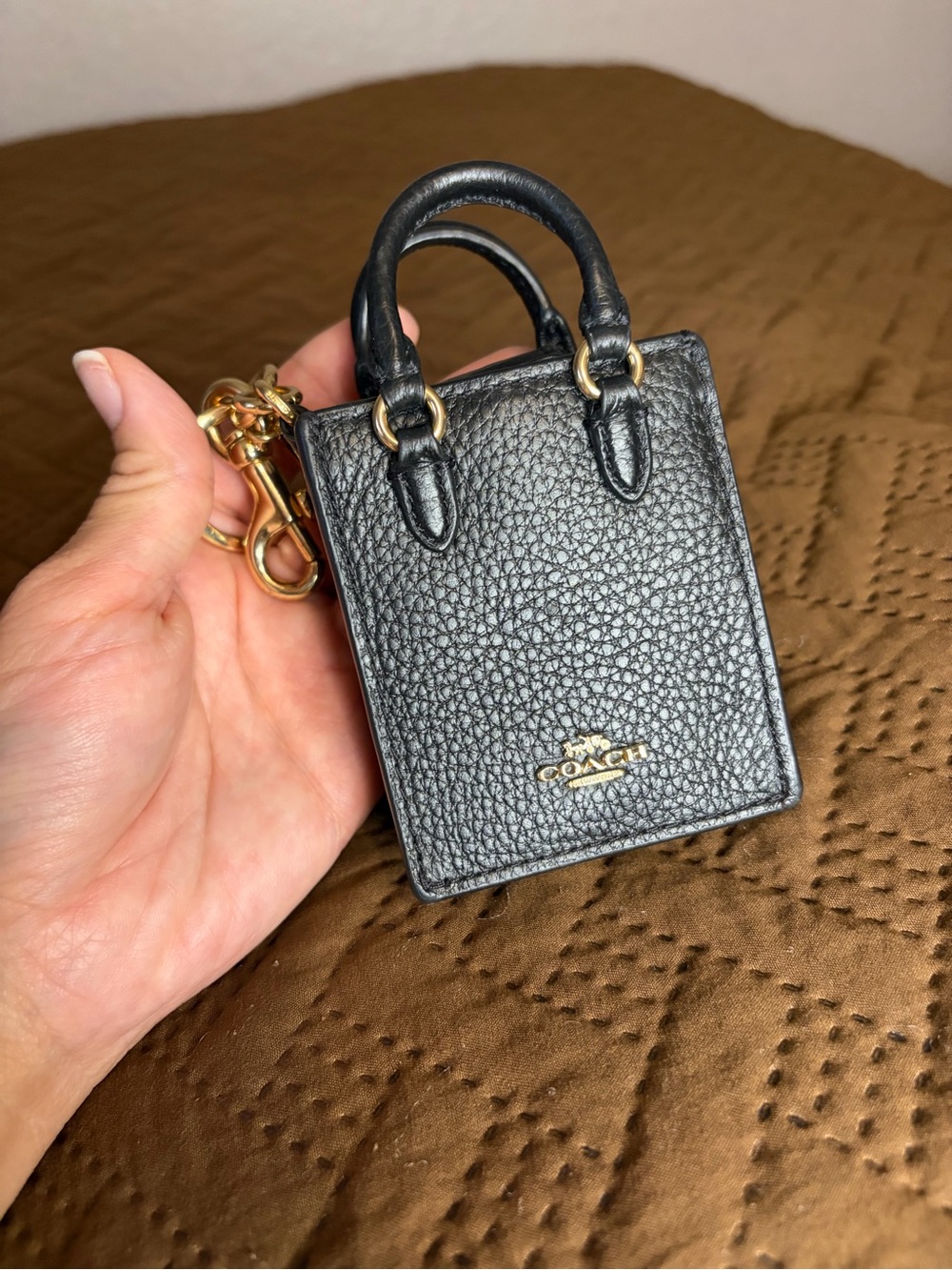 Coach Black Pebbled Leather Mini Tote Keychain with Gold Hardware